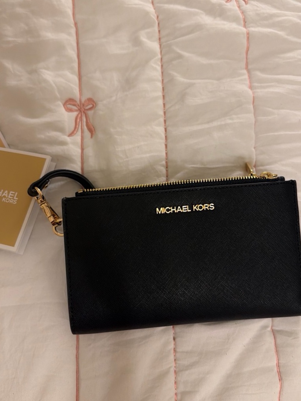 MICHAEL KORS Black Saffiano Leather Wristlet with Gold Hardware